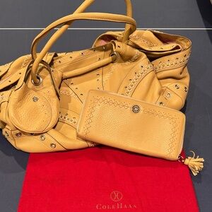 Cole Haan women’s natural leather Satchel bag with rivets &stitch and Wallet Set
